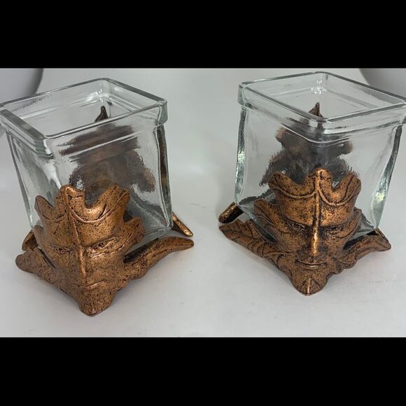 Copper Leaf Clear Heavy Canadian Glass Face Votive Candle Holder Set 2 Used - Picture 8 of 8